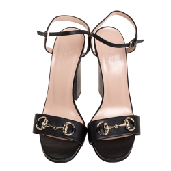 Pre Owned Gucci Black Leather Horsebit Ankle Strap Block Heel Sandals Size 40