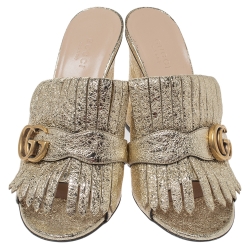 Pre Owned Gucci Metallic Gold Foil Leather Marmont GG Fringed Details Mules Size 38.5
