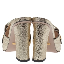 Pre Owned Gucci Metallic Gold Foil Leather Marmont GG Fringed Details Mules Size 38.5