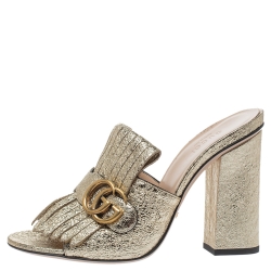 Pre Owned Gucci Metallic Gold Foil Leather Marmont GG Fringed Details Mules Size 38.5