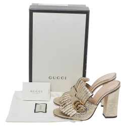 Pre Owned Gucci Metallic Gold Foil Leather Marmont GG Fringed Details Mules Size 38.5
