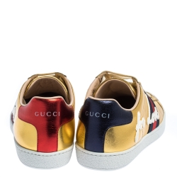 Gucci Gold Leather Ace Web Detail Low Top Sneakers Size 37.5 