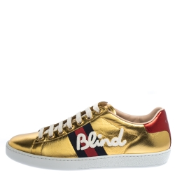 Gucci Gold Leather Ace Web Detail Low Top Sneakers Size 37.5 