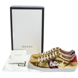 Gucci Gold Leather Ace Web Detail Low Top Sneakers Size 37.5 