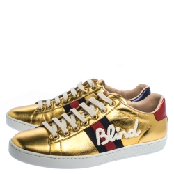 Gucci Gold Leather Ace Web Detail Low Top Sneakers Size 37.5 