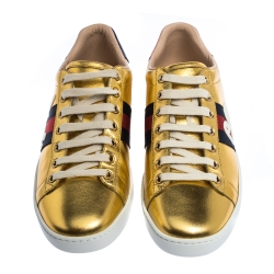 Gucci Gold Leather Ace Web Detail Low Top Sneakers Size 37.5 