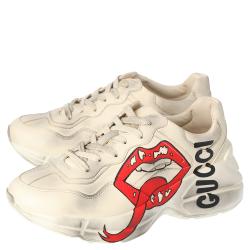 مملوكة مسبقًا Gucci Beige Leather Mouth Print Rhyton Sneakers Size 38