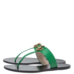 Pre Owned Gucci Green Leather GG Thong Flats Size 39