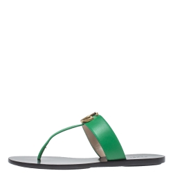 Pre Owned Gucci Green Leather GG Thong Flats Size 39