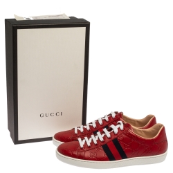 Pre Owned Gucci Red Guccissima Leather Ace Web Low Top Sneakers Size 38.5