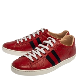 Pre Owned Gucci Red Guccissima Leather Ace Web Low Top Sneakers Size 38.5