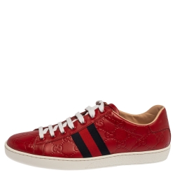 Pre Owned Gucci Red Guccissima Leather Ace Web Low Top Sneakers Size 38.5