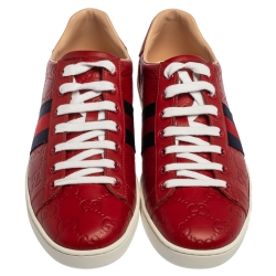 Pre Owned Gucci Red Guccissima Leather Ace Web Low Top Sneakers Size 38.5
