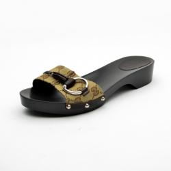 Pre Owned Gucci 'GG' Monogram Canvas 'Icon Bit' Wooden Clog Slides Size 41