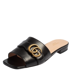 Pre Owned Gucci Black Leather GG Malaga Kid Flat Mules Size 37