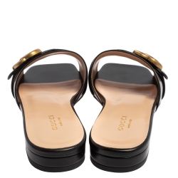 Pre Owned Gucci Black Leather GG Malaga Kid Flat Mules Size 37