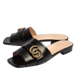 Pre Owned Gucci Black Leather GG Malaga Kid Flat Mules Size 37