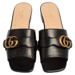 Pre Owned Gucci Black Leather GG Malaga Kid Flat Mules Size 37