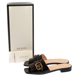 Pre Owned Gucci Black Leather GG Malaga Kid Flat Mules Size 37