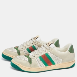 مملوكة مسبقًا Gucci Grey/Green Perforated Leather and Nubuck Screener Sneakers 39 1/2 