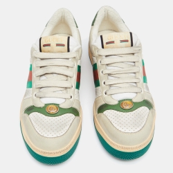 مملوكة مسبقًا Gucci Grey/Green Perforated Leather and Nubuck Screener Sneakers 39 1/2 