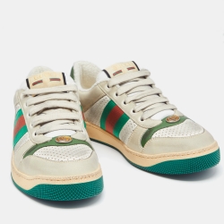 مملوكة مسبقًا Gucci Grey/Green Perforated Leather and Nubuck Screener Sneakers 39 1/2 