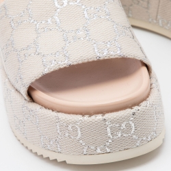 Pre Owned Gucci Grey/Silver Canvas GG Slide Sandals Size 38