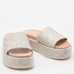 Pre Owned Gucci Grey/Silver Canvas GG Slide Sandals Size 38