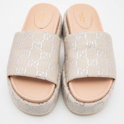 Pre Owned Gucci Grey/Silver Canvas GG Slide Sandals Size 38