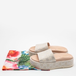 Pre Owned Gucci Grey/Silver Canvas GG Slide Sandals Size 38