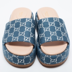 Pre Owned Gucci Blue/Silver Canvas GG Lamé Slide Sandals Size 39