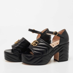 Pre Owned Gucci Black Matelasse Leather GG Marmont Platform Ankle Strap Sandals Size 38