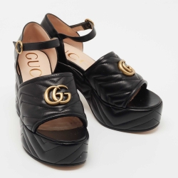 Pre Owned Gucci Black Matelasse Leather GG Marmont Platform Ankle Strap Sandals Size 38