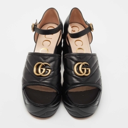 Pre Owned Gucci Black Matelasse Leather GG Marmont Platform Ankle Strap Sandals Size 38