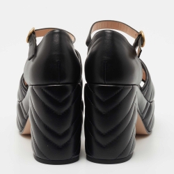 Pre Owned Gucci Black Matelasse Leather GG Marmont Platform Ankle Strap Sandals Size 38