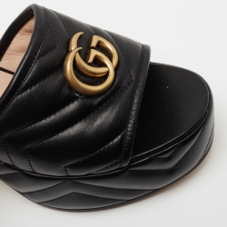 Pre Owned Gucci Black Matelasse Leather GG Marmont Platform Ankle Strap Sandals Size 38