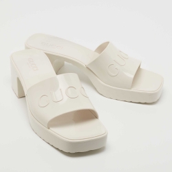 Pre Owned Gucci Cream Rubber Logo Slide Platform Sandals Size 41
