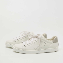 Gucci White/Grey Leather Perforated GG Ace Sneakers Size 37