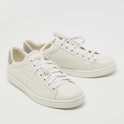 Gucci White/Grey Leather Perforated GG Ace Sneakers Size 37