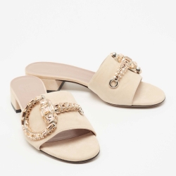 Gucci Beige Suede Crystal Horsebit Maxime Slide Sandals Size 37.5