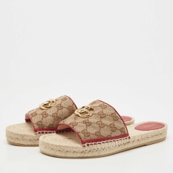مملوكة مسبقًا Gucci Beige/Brown GG Canvas Double G Espadrille Flat Slides Size 40