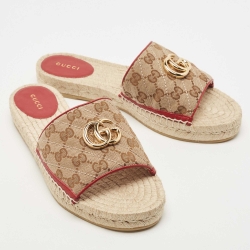 مملوكة مسبقًا Gucci Beige/Brown GG Canvas Double G Espadrille Flat Slides Size 40
