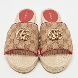 مملوكة مسبقًا Gucci Beige/Brown GG Canvas Double G Espadrille Flat Slides Size 40