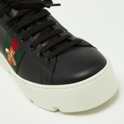 Gucci Black Leather Embroidered Bee Ace Platform Sneakers Size 37