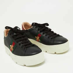 Gucci Black Leather Embroidered Bee Ace Platform Sneakers Size 37