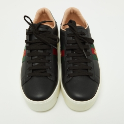 Gucci Black Leather Embroidered Bee Ace Platform Sneakers Size 37