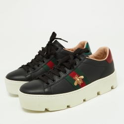 Gucci Black Leather Embroidered Bee Ace Platform Sneakers Size 37