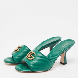 Pre Owned Gucci Green Quilted Leather Logo Embellished Double G Mules Sandals Size 38.5