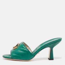 Pre Owned Gucci Green Quilted Leather Logo Embellished Double G Mules Sandals Size 38.5