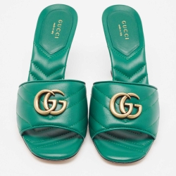 Pre Owned Gucci Green Quilted Leather Logo Embellished Double G Mules Sandals Size 38.5
